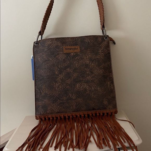 NWT Wrangler Floral Embossed Brown Fringe Shoulder Bag - Picture 3 of 9